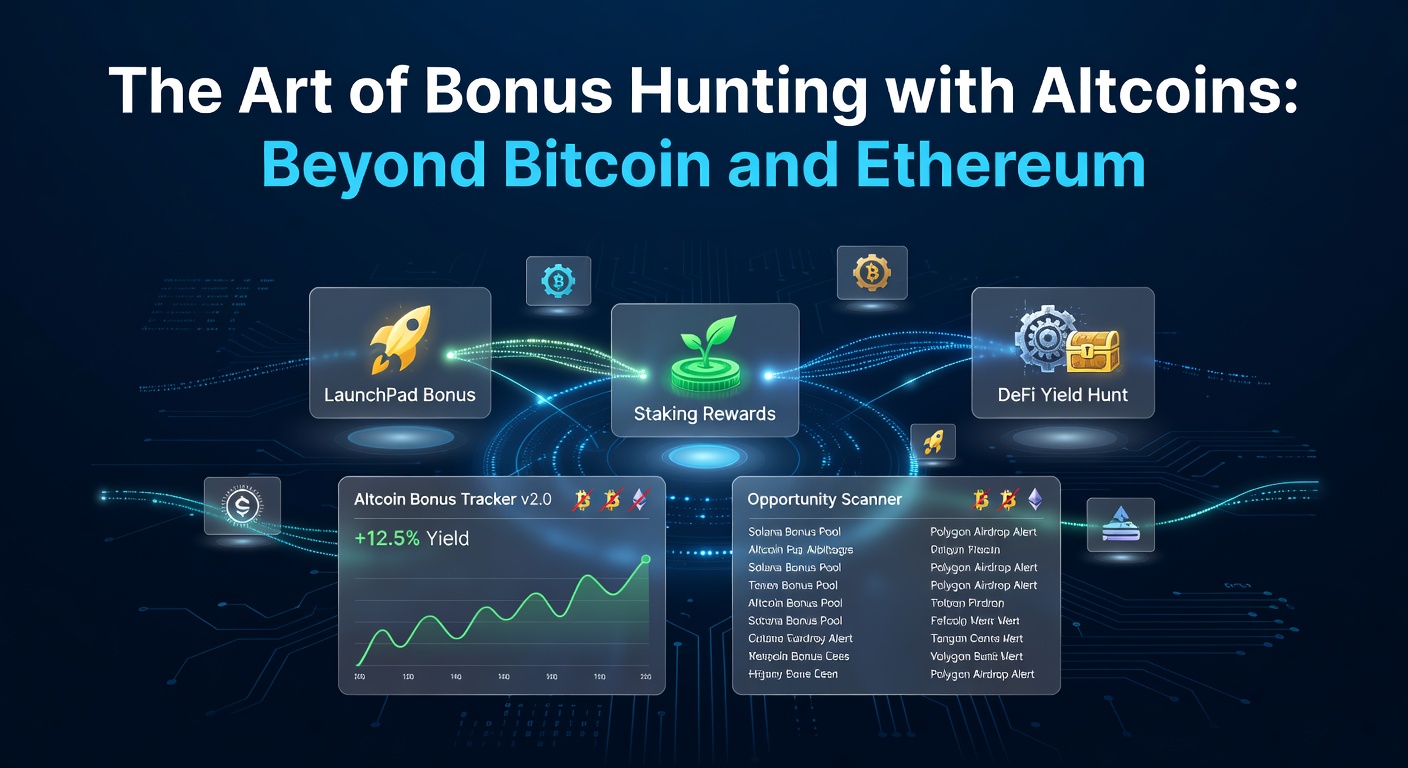 Grafik mit diversen Altcoins wie Solana, Cardano und Ripple in einem Casino-Kontext, die Bonus-Symbole umgeben