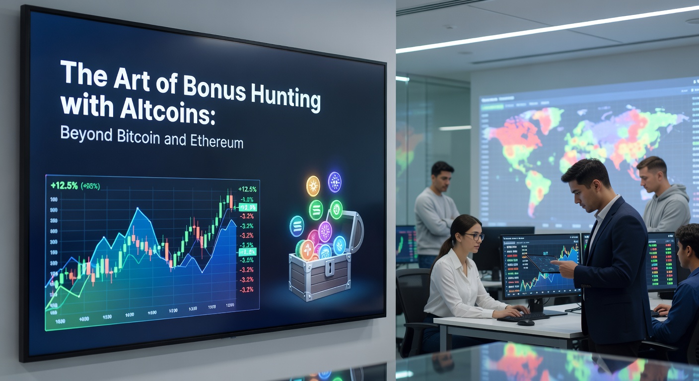Darstellung eines Bonus-Hunters am Laptop, der Altcoin-Transaktionen in einem Casino-Dashboard überwacht, mit Charts und Wallet-Icons