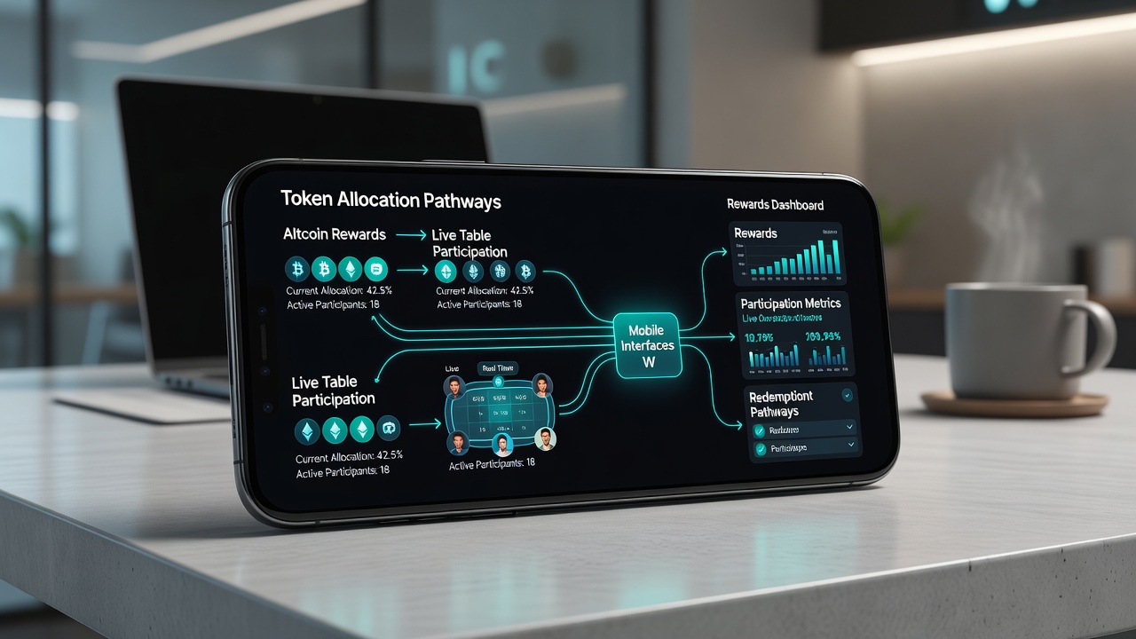 Illustration von Altcoin-Allokationspfaden zu Live-Tischspielen auf Smartphones in lizenzierten europäischen Märkten